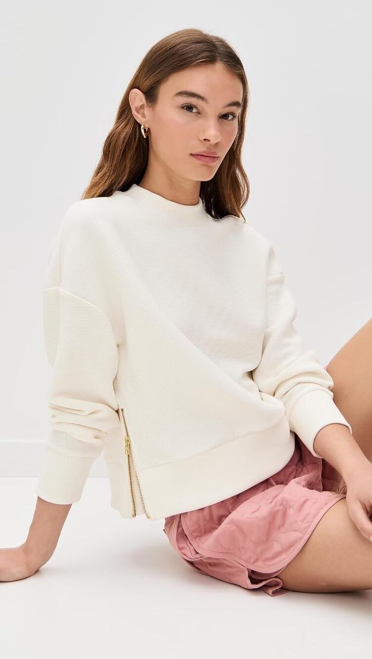Varley Addelyn Ribbed Sweatshirt White Size Zip Crew Neck Pullover Women's M